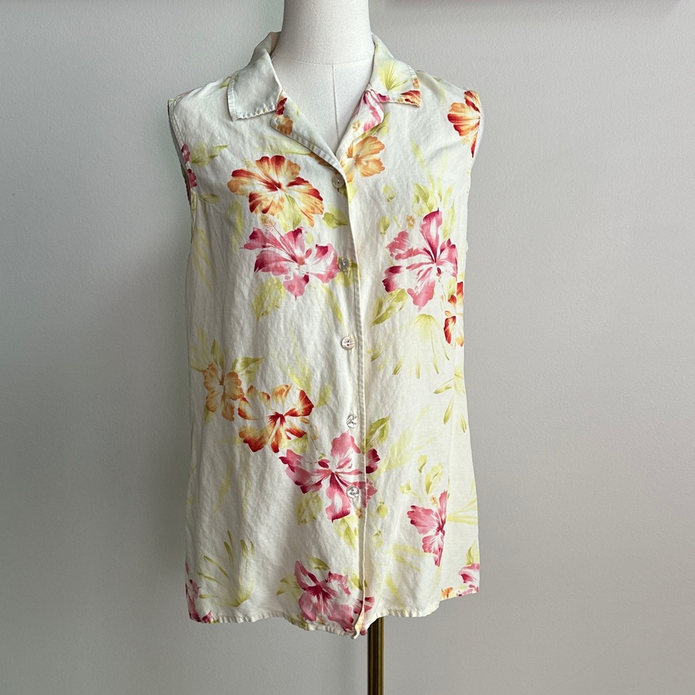 Vtg‎ Tommy Bahama Sleeveless Silk Linen Lightweight Blouse Women L Tropical